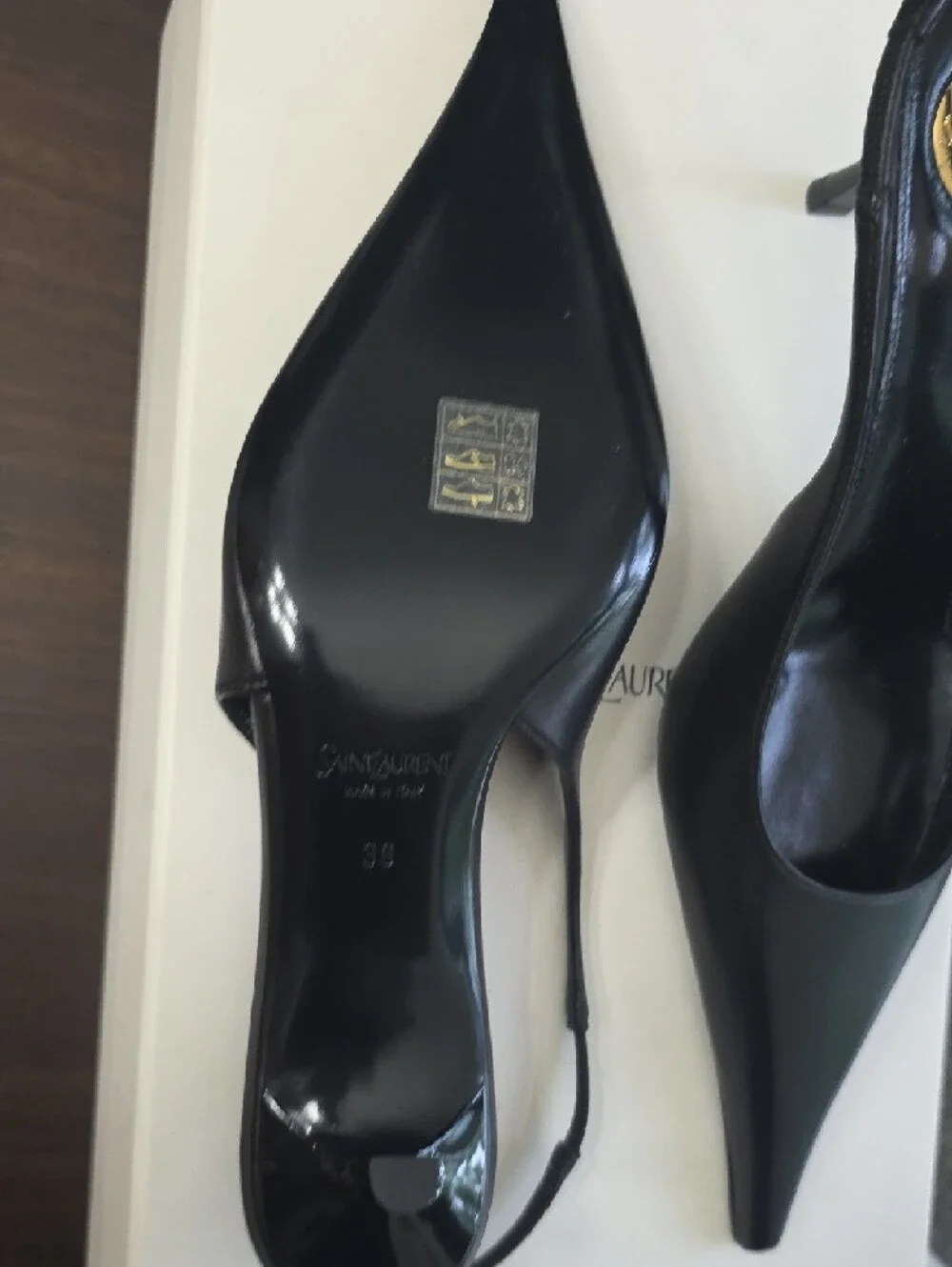 Saint Laurent Black Leather Pointed Slingback Pumps with Gold Accents - Picture 9 of 16